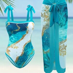 Teal and Gold Swimsuit with Cover-Up